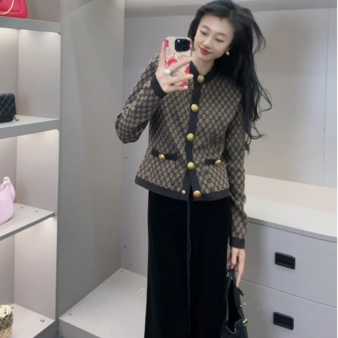 【小香圆领金属扣提花开衫外套女】秋冬老钱风气质修身外套