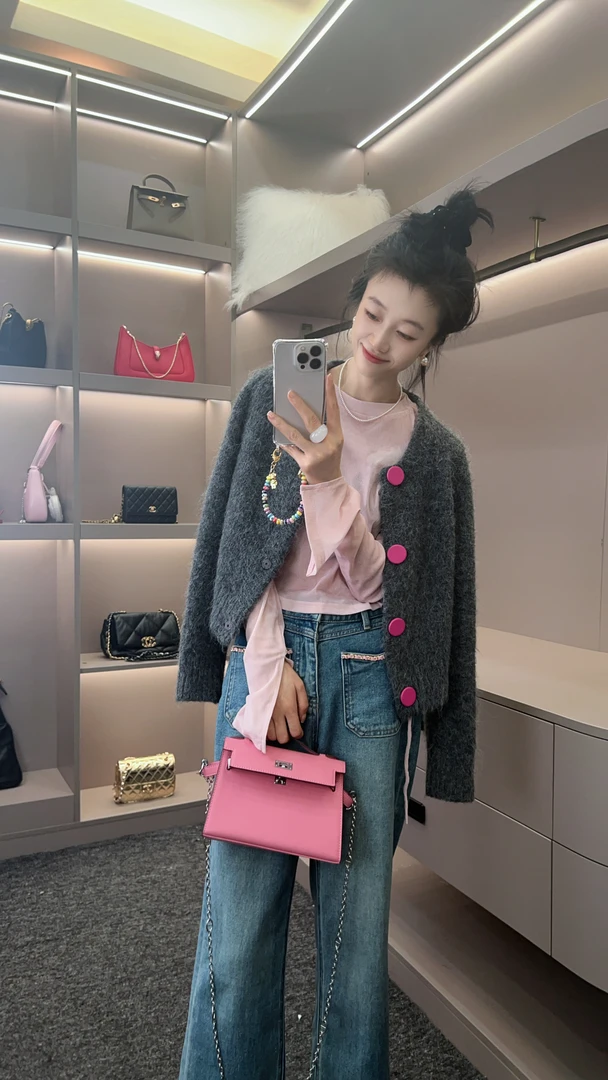 【灰色粉扣毛衣】小众款羊驼毛针织开衫 设计师短款软糯外套