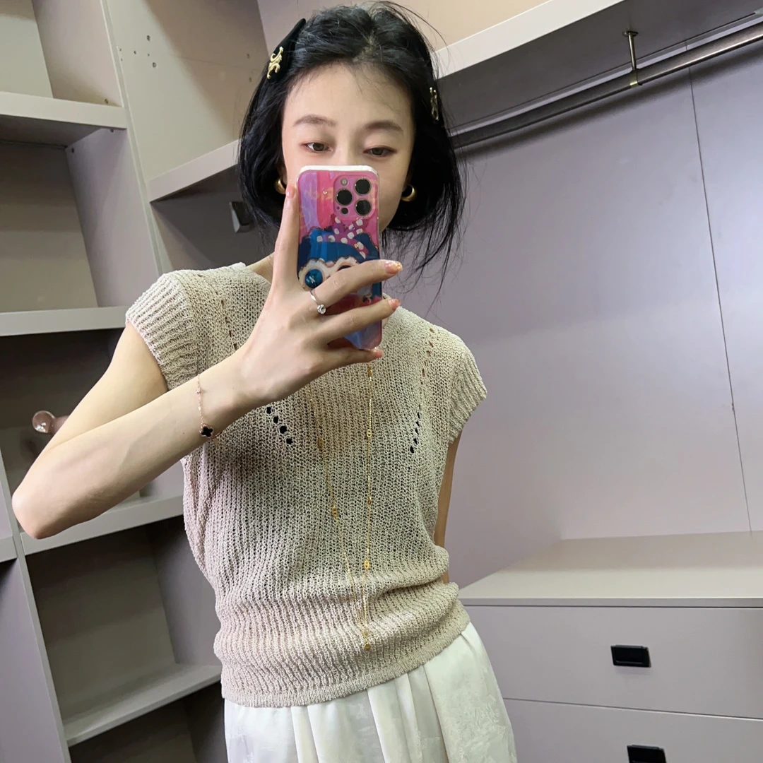 针织镂空绑带背心 气质飞袖百搭时尚纯色简约设计感圆领女装上衣