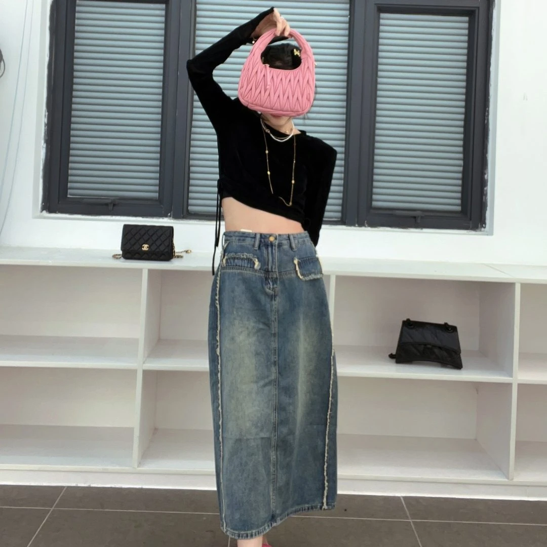 牛仔半身裙流苏毛边开叉裙子 复古夏季中长款高腰洗水牛仔裙韩版