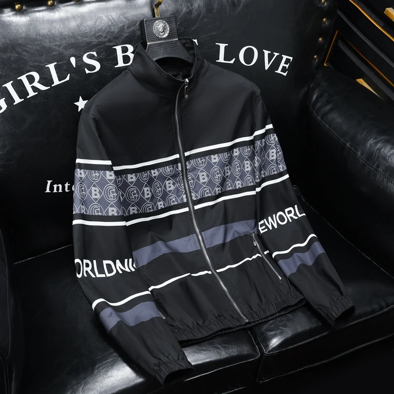 韩版拼接欧洲站轻奢黑色2024秋冬新款高档时尚印花男士夹克衫外套