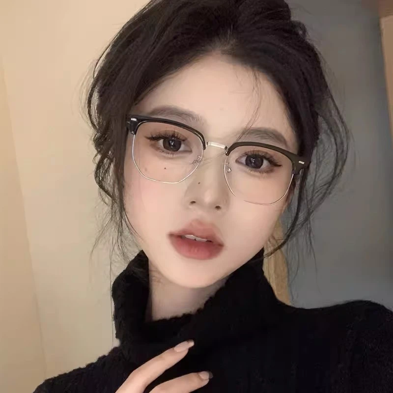 黑色半框眼镜女高级感近视可配度数御姐斯文败类复古方框眼睛镜框