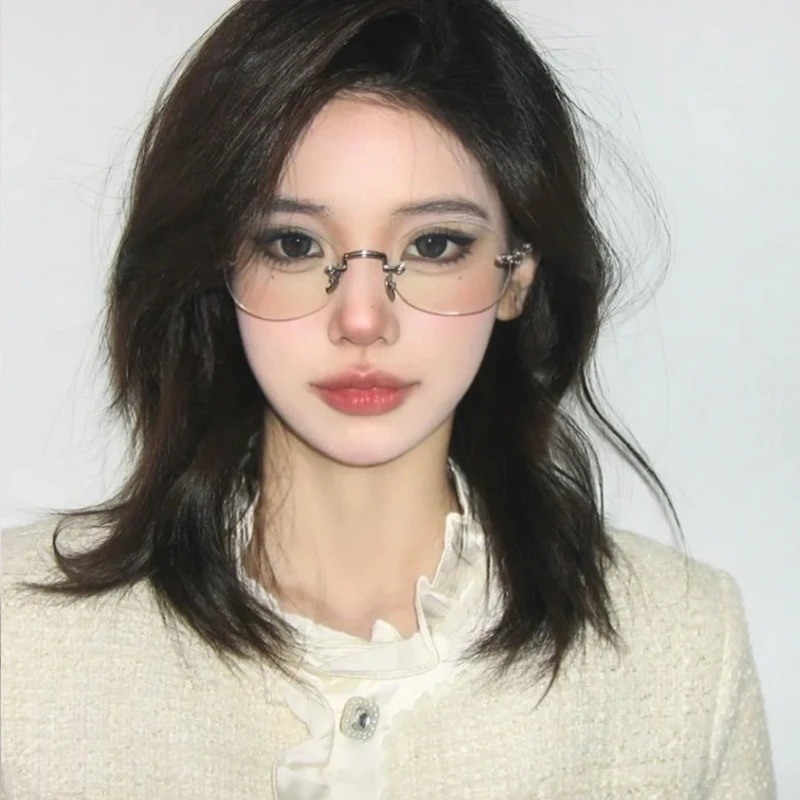 透明框无框眼镜女高级感近视度数可配圆形无边框眼睛框架斯文败类