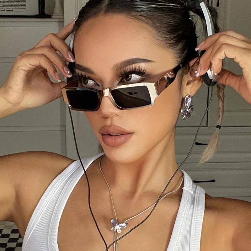 美式复古金属框墨镜女高级感太阳眼镜男款嘻哈银色长方形窄框宽边