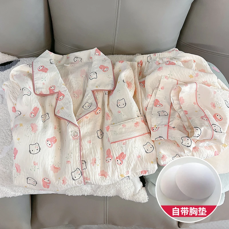 【带胸垫】秋季睡衣女套装云朵棉长袖长裤翻领家居服kt猫卡通可外穿