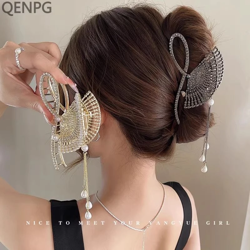 发夹头饰古风流苏扇子发夹仙女抓夹金属鲨鱼夹发簪超仙流行