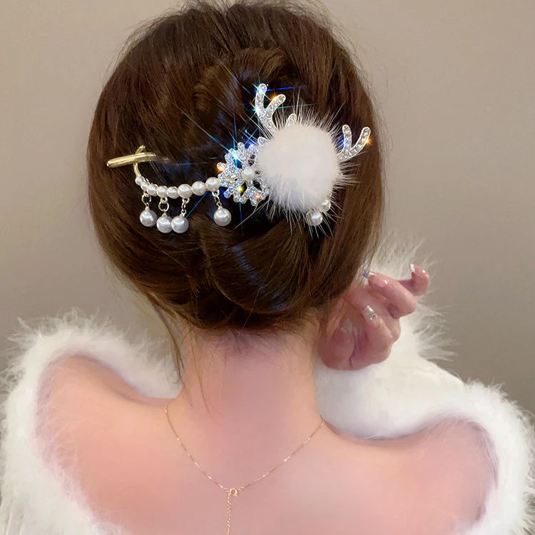 圣诞节扭扭夹毛球鹿角雪花女后脑勺盘发发夹抓夹鸭嘴夹发卡一字夹