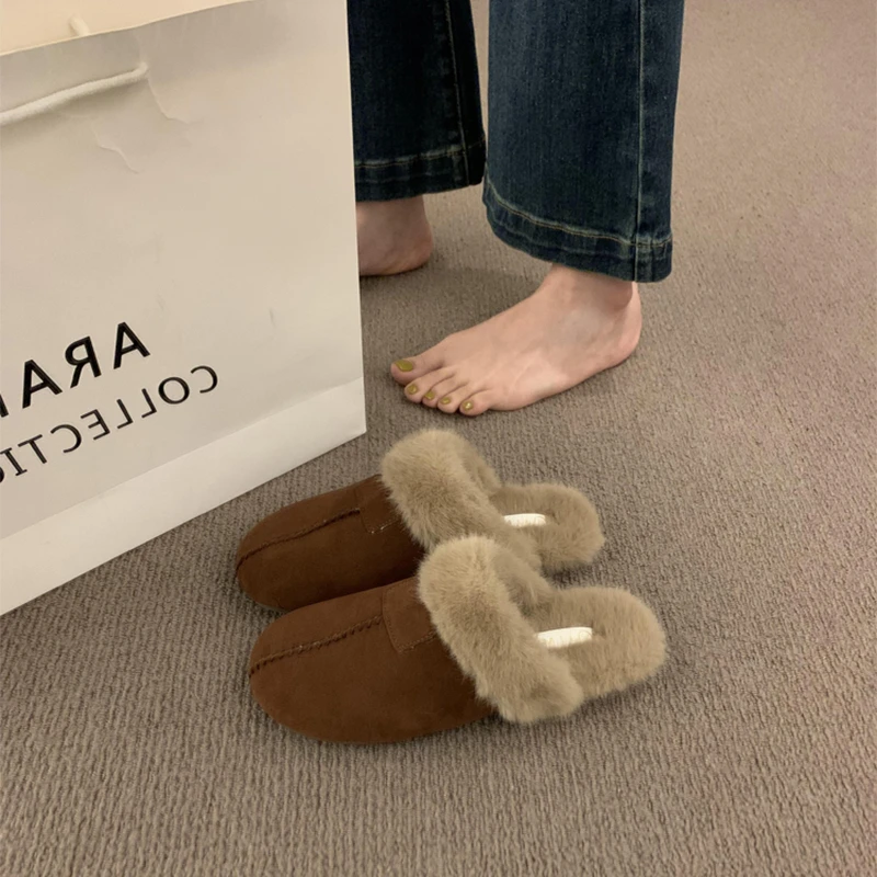 平底复古博肯加绒毛毛拖鞋女鞋子2025新款秋冬季包头半拖雪地棉鞋