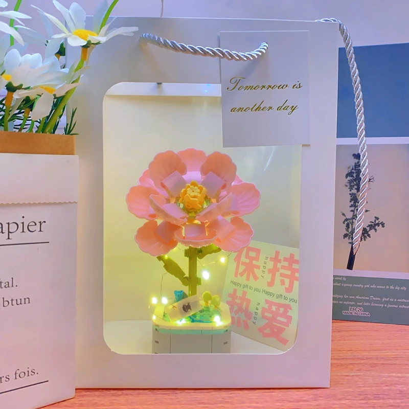 积木花束拼装玩具益智拼搭简单向日葵芙蓉花盆栽女孩系列女生礼物