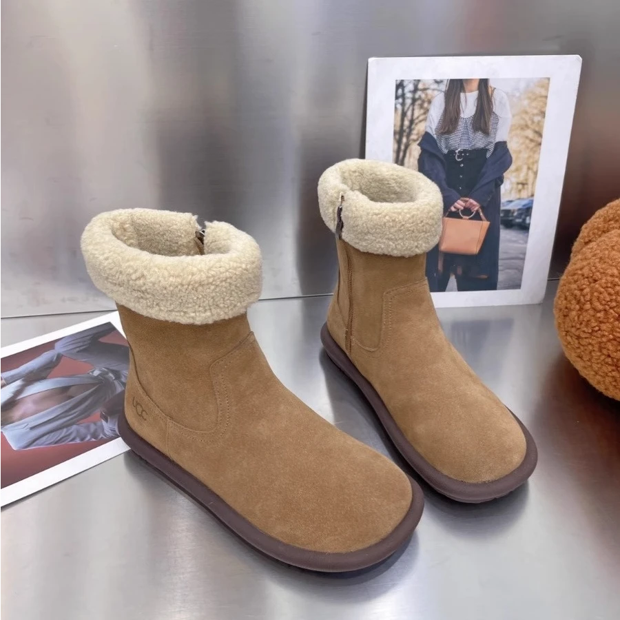 磨砂皮高级感加绒短靴女2024冬季复古风百搭侧拉链保暖雪地靴