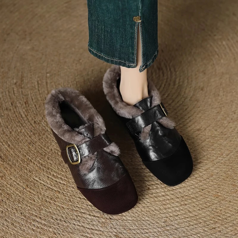 法式复古时尚平底小皮鞋女2025新款秋冬加厚毛毛深口单鞋舒适棉鞋