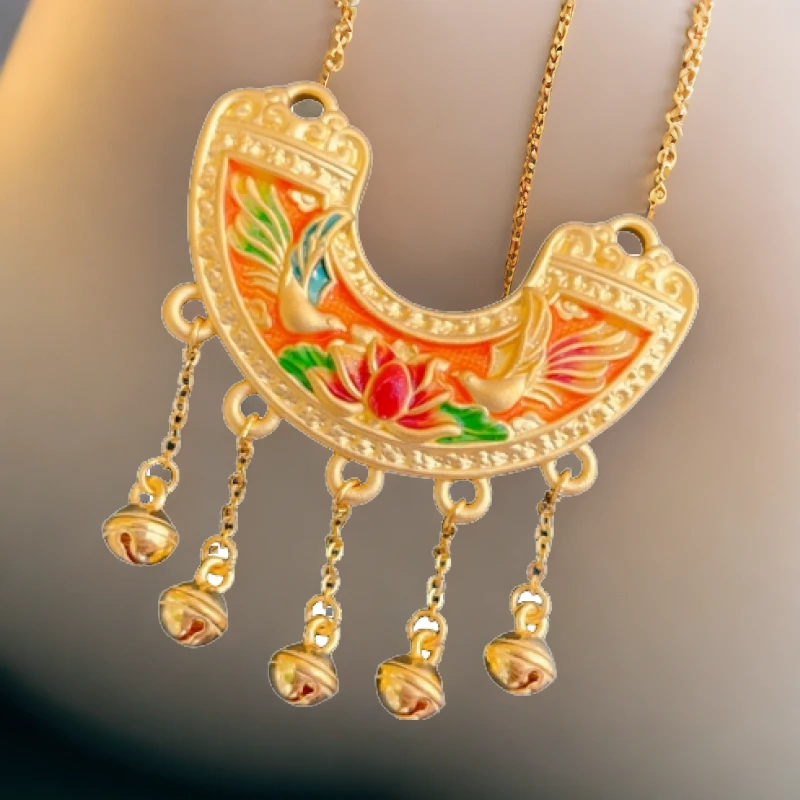 足金【硬足金珐琅有凤来仪】祥云锁国风古风民族风坠链烧蓝素款手工
