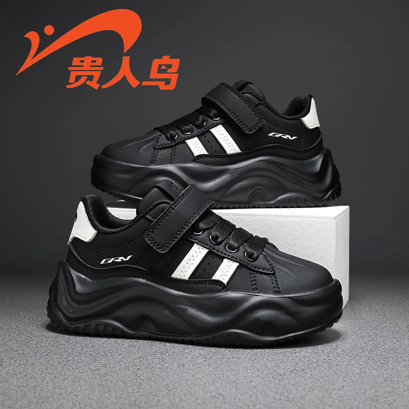 贵人鸟儿童厚底运动鞋春季软底透气秋款网面黑色耐磨跑步鞋23178