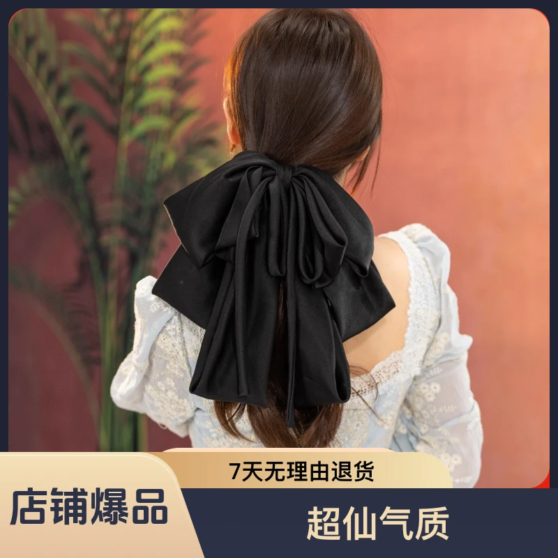 黑色缎面发圈超大蝴蝶结发饰气质百搭弹簧夹马尾头饰纯色