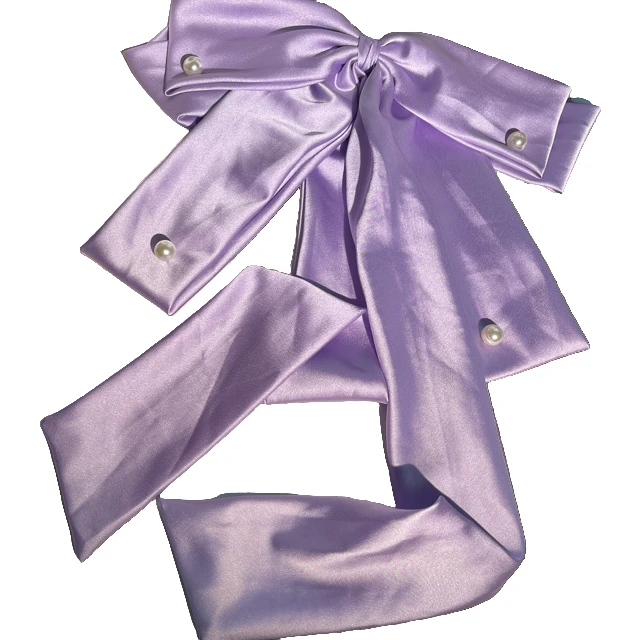 四颗珍珠绸缎弹簧夹长飘带气质时尚百搭缎面蓝色法式超仙温柔紫色