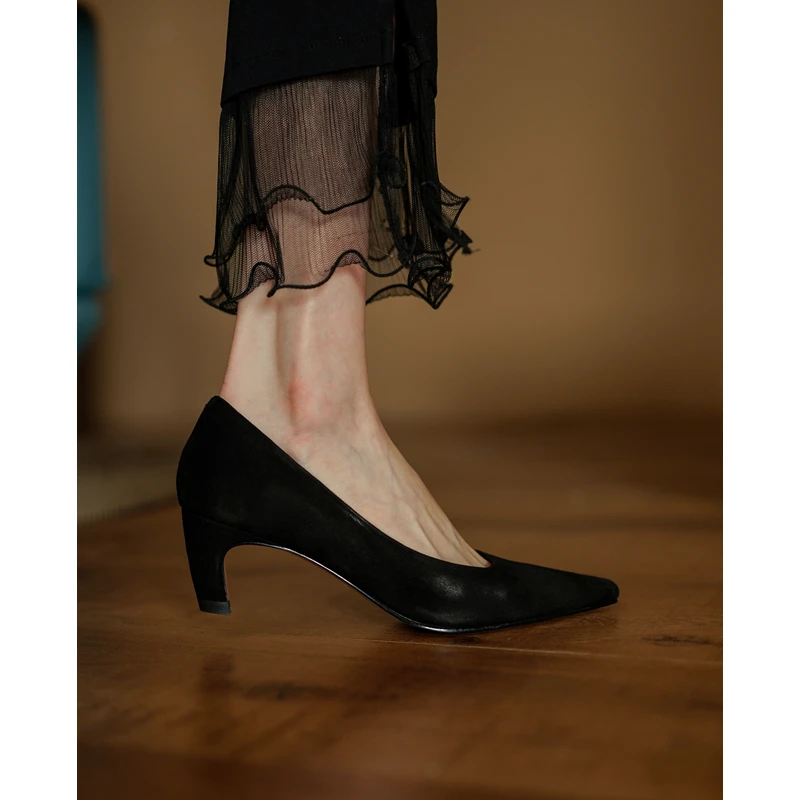 跟高5.5CM/法式简约气质小方头浅口单鞋女磨砂猫跟高跟鞋通勤女鞋