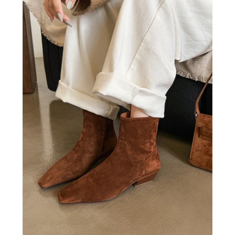 跟高3CM/  美拉德粗跟短靴女中跟单靴拉链时装靴早秋瘦瘦靴子