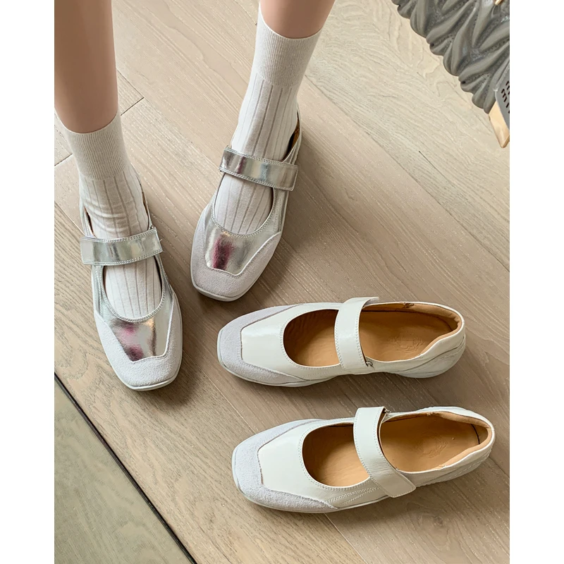 跟高4CM/知识分子风舒适时尚运动玛丽珍魔术贴厚底银色平底单鞋女