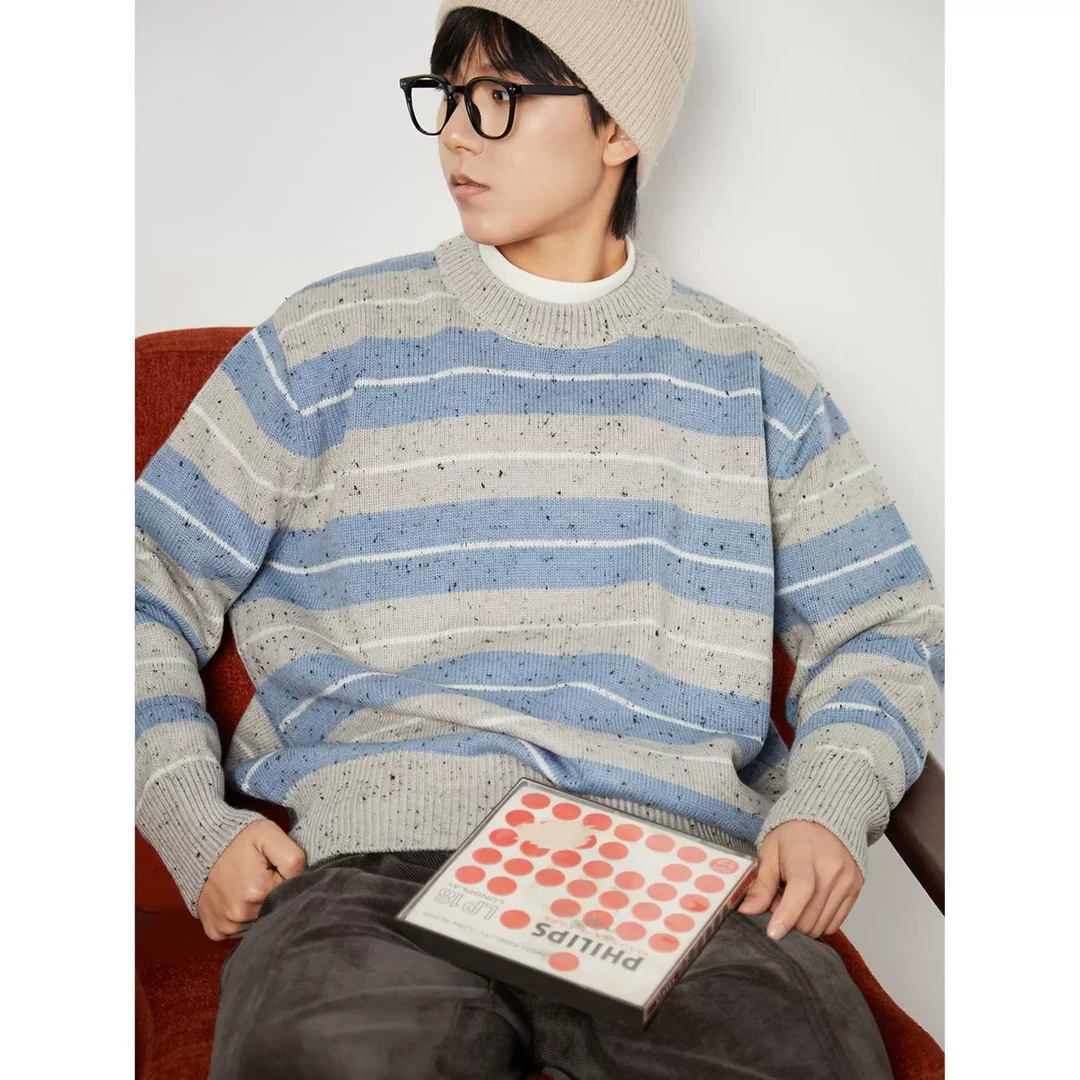 knighttom粗纺抗起球圆领彩点条纹毛衣小个子中性套头针织衫4205