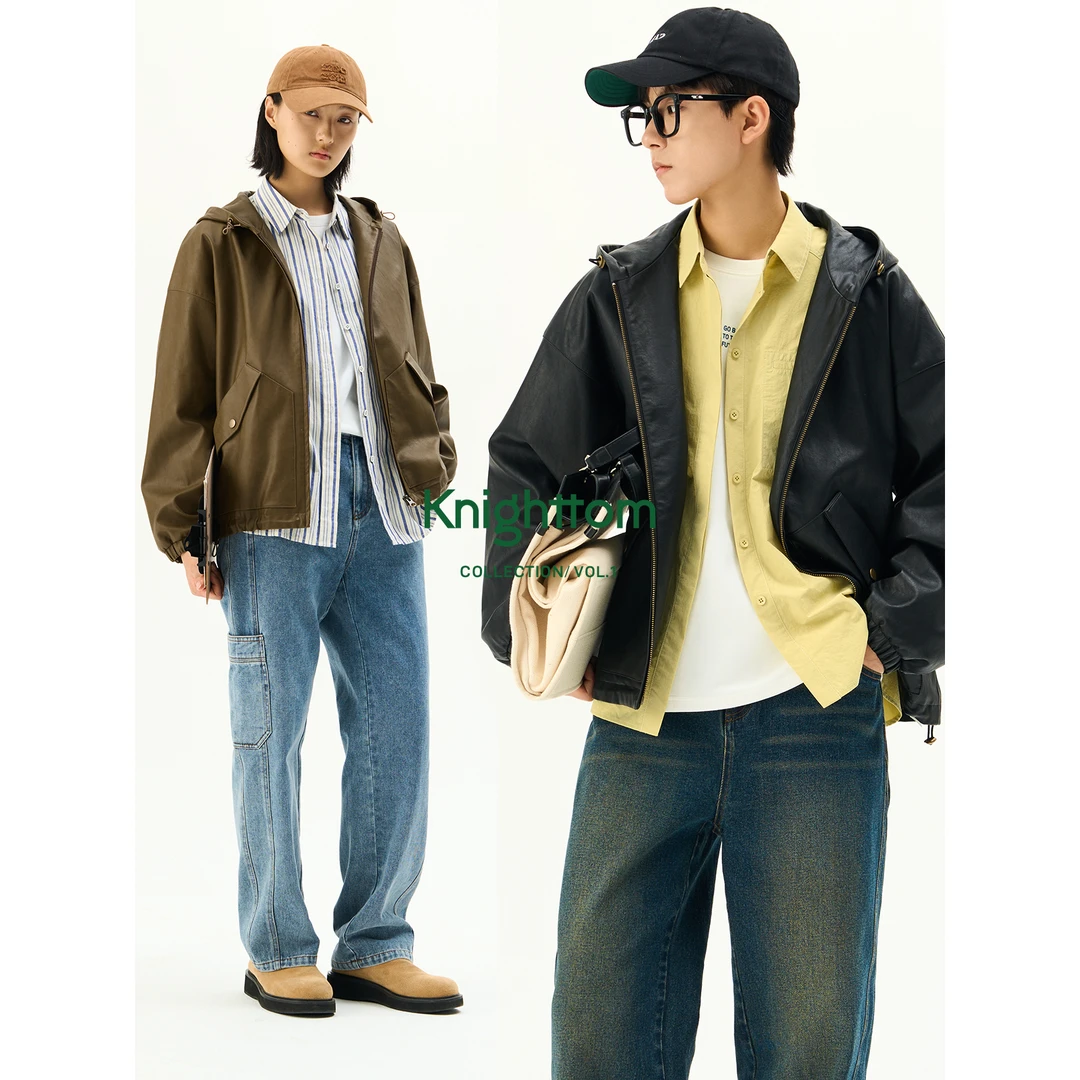knighttom秋季简约复古连帽皮衣外套女中性风小个子短外套4164