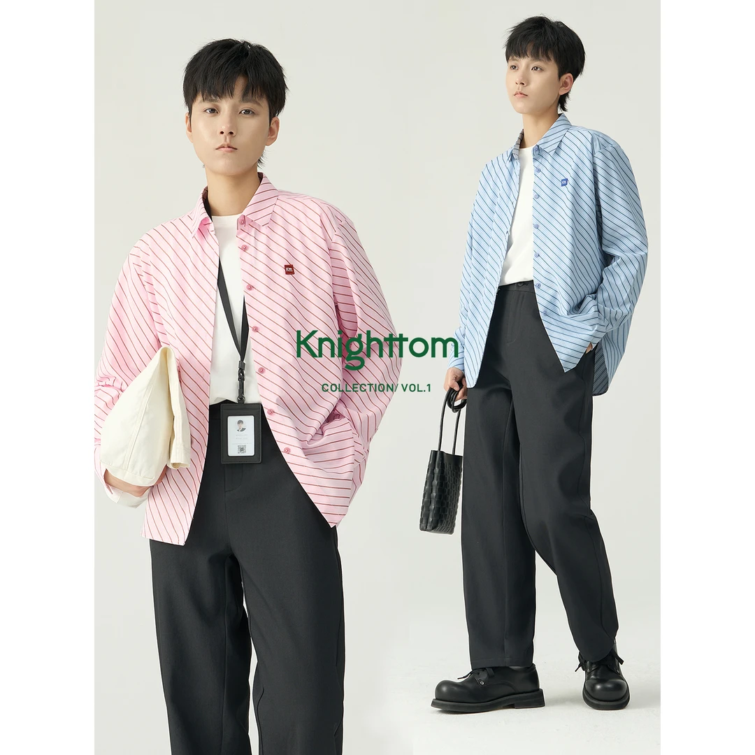 knighttom秋季新款斜条纹长袖衬衫女中性风小个子衬衣4235