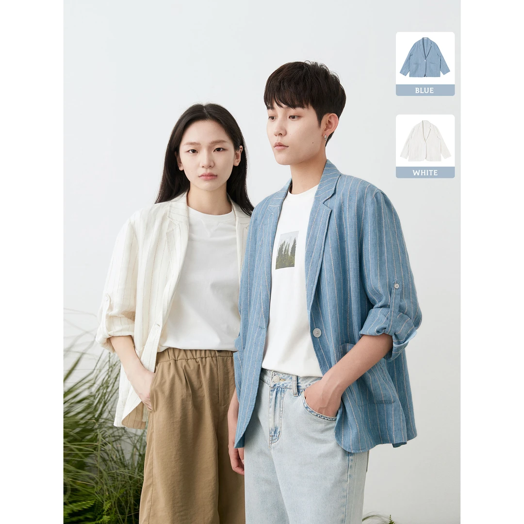 knighttom夏季全亚麻轻薄无里休闲西服女条纹西装外套3519