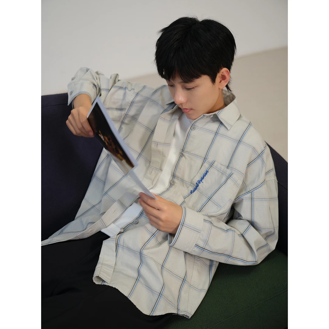 knighttom秋季格纹休闲长袖刺绣衬衫女中性风小个子衬衣4162