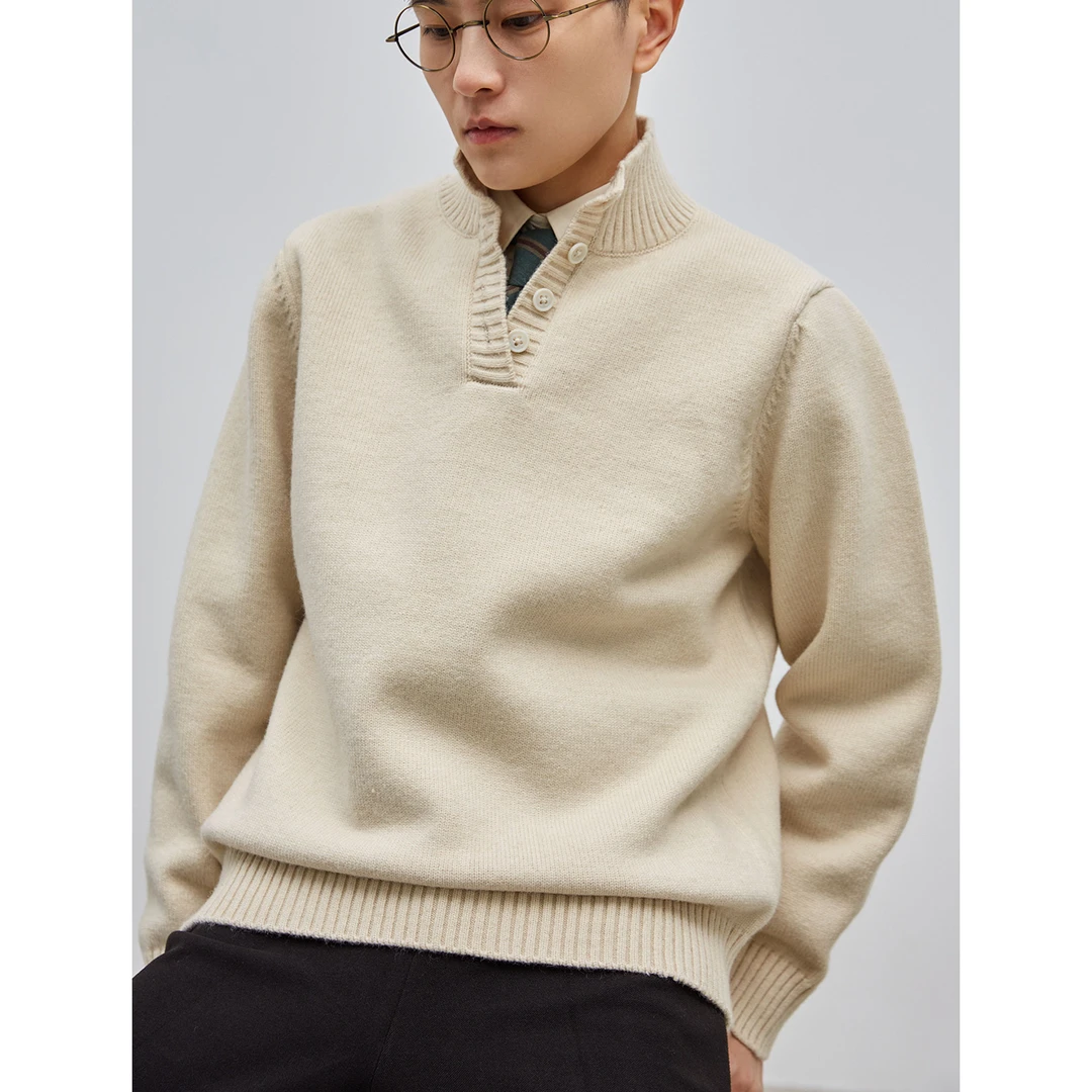 Knighttom冬季半开门襟针织保暖立领女中性风小个子套头毛衣2622