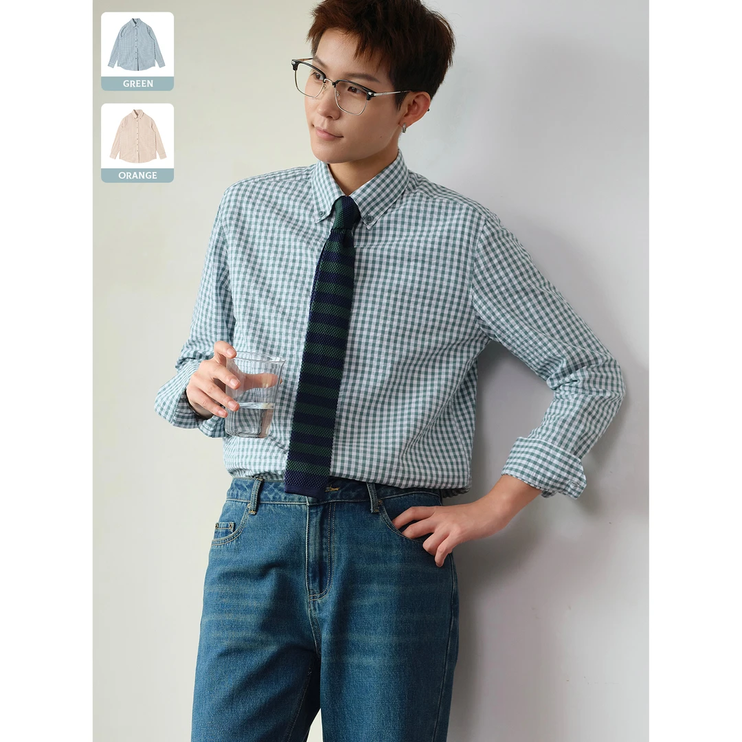 knighttom秋款细格纹泡泡纱领扣衬衣女中性风小个子长袖衬衫4276