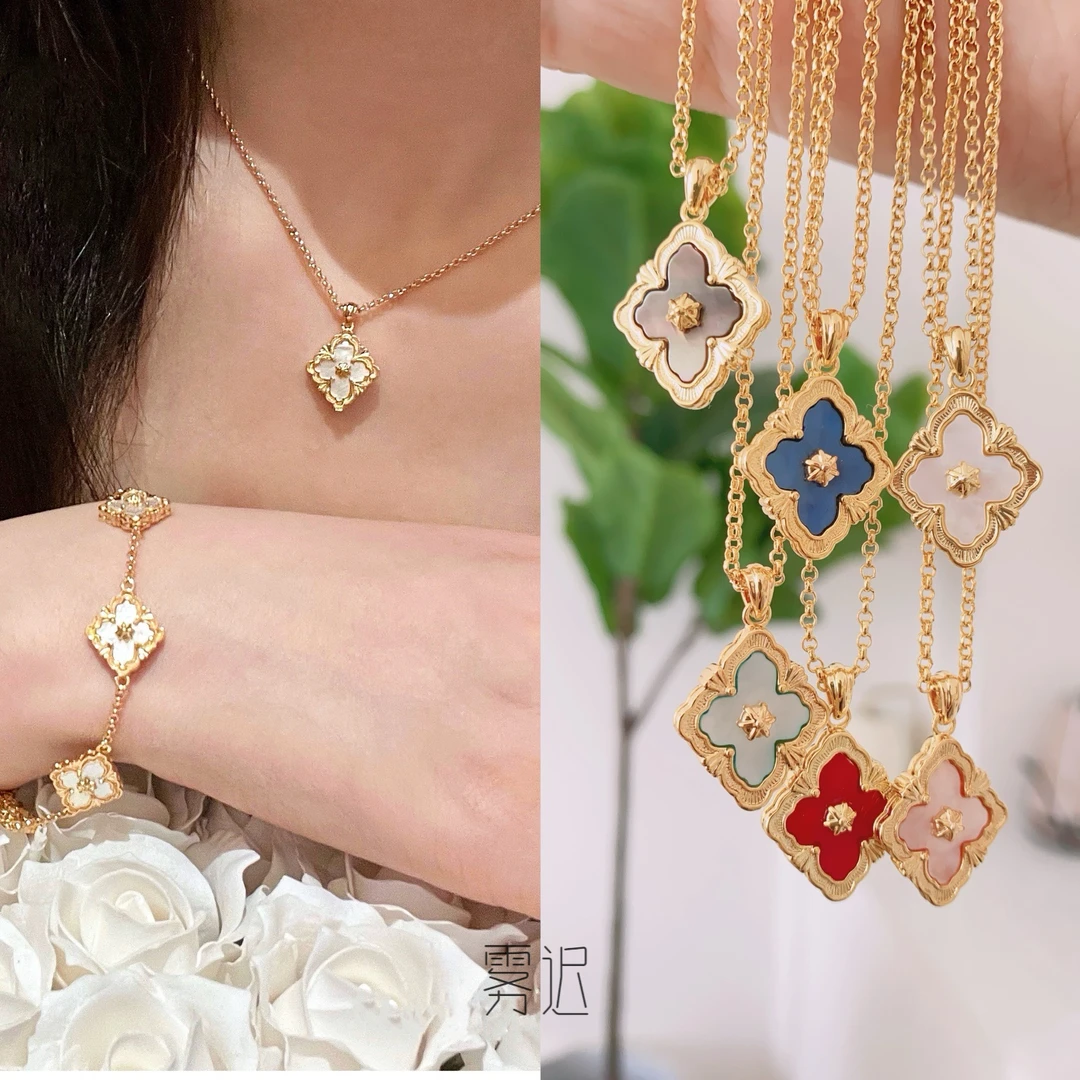 铜合金树脂项链 复古四叶草锁骨链布契轻奢小众高级白贝气质配饰