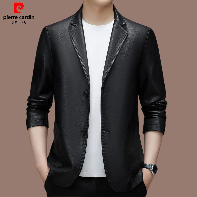 皮尔卡丹 高档男士皮衣纯色百搭休闲商务修身西装轻奢外套皮西服