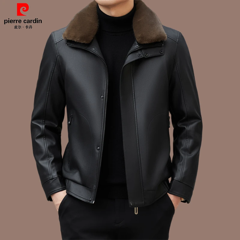 皮尔卡丹品牌 冬季男士高档皮外套加绒可脱卸翻领休闲时尚皮上衣