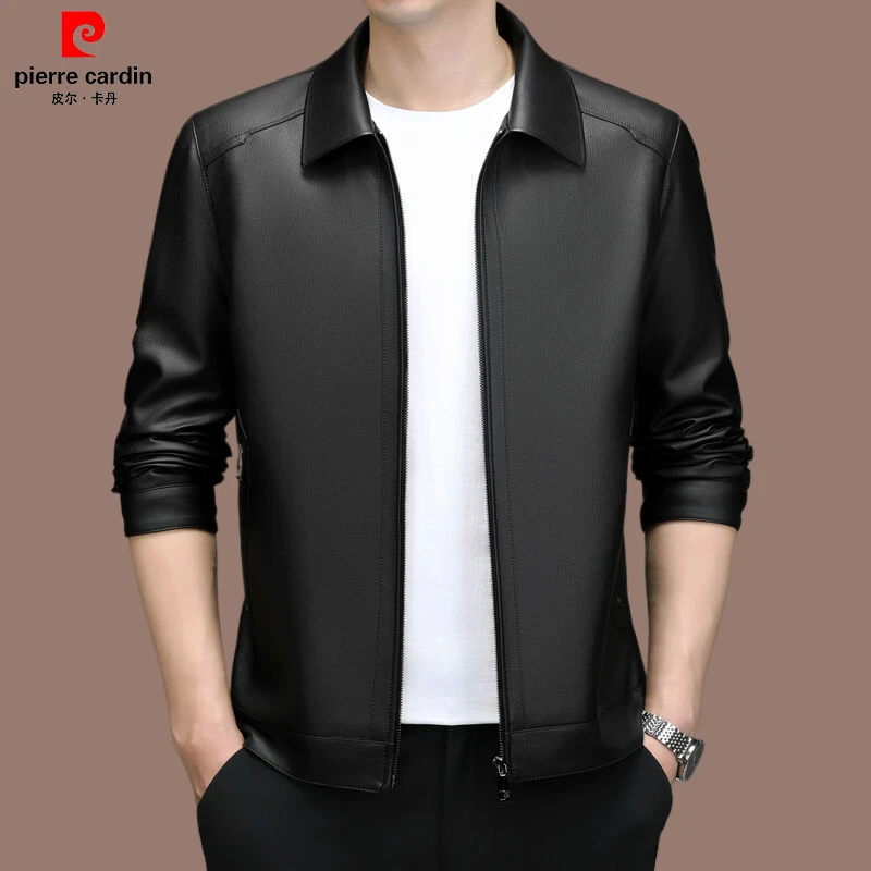 皮尔卡丹高档真皮皮衣时尚爸爸商务男立领中青年皮夹克男士真皮