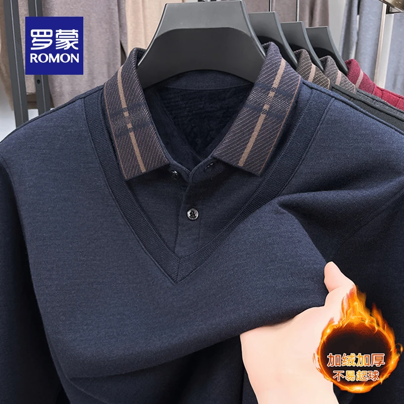 罗蒙爸爸秋冬装假两件毛衣中老年人男士加绒加厚打底绵羊毛衫男装