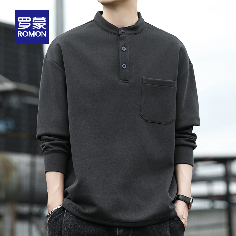 罗蒙春秋季休闲男士宽松体恤圆领纯色长袖卫衣韩版时尚中青年上衣