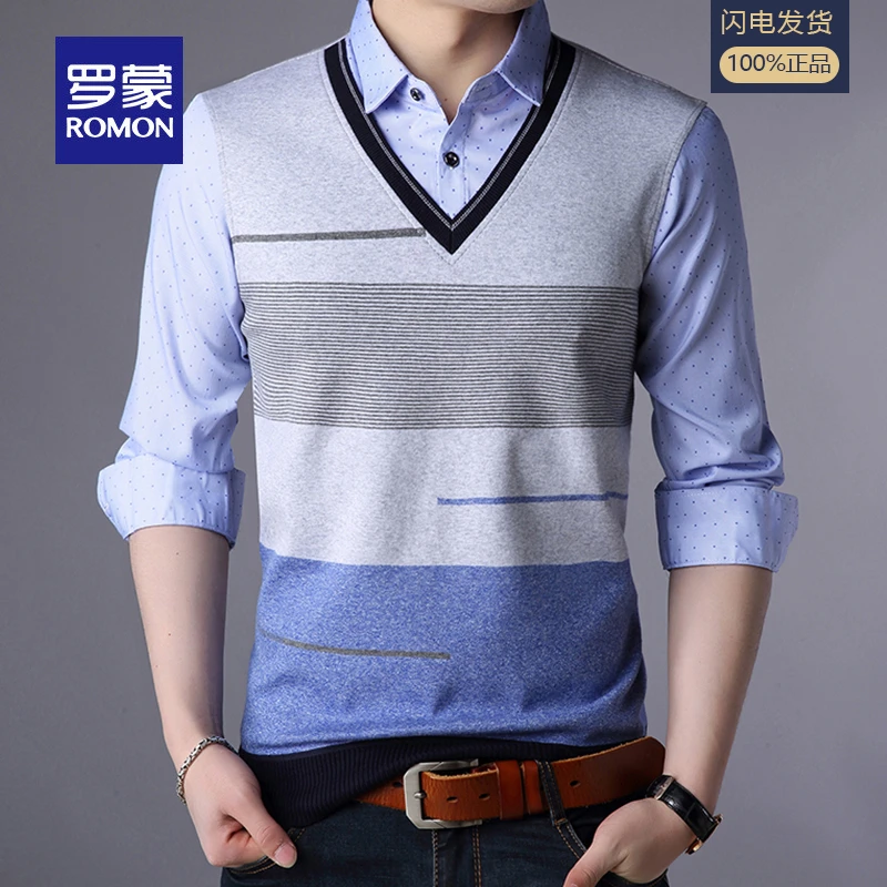 罗蒙春秋季衬衫领男士假两件毛衣韩版潮流针织衫时尚长袖T恤上衣