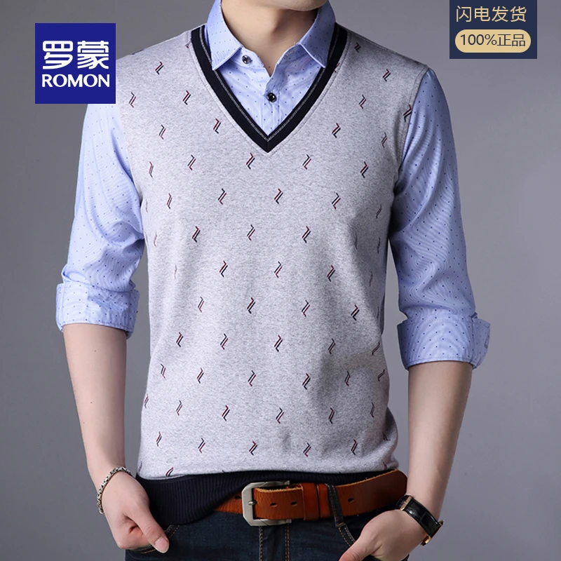 罗蒙男士时尚T恤假两件韩版休闲帅气百搭毛衣春秋季男士针织衫潮
