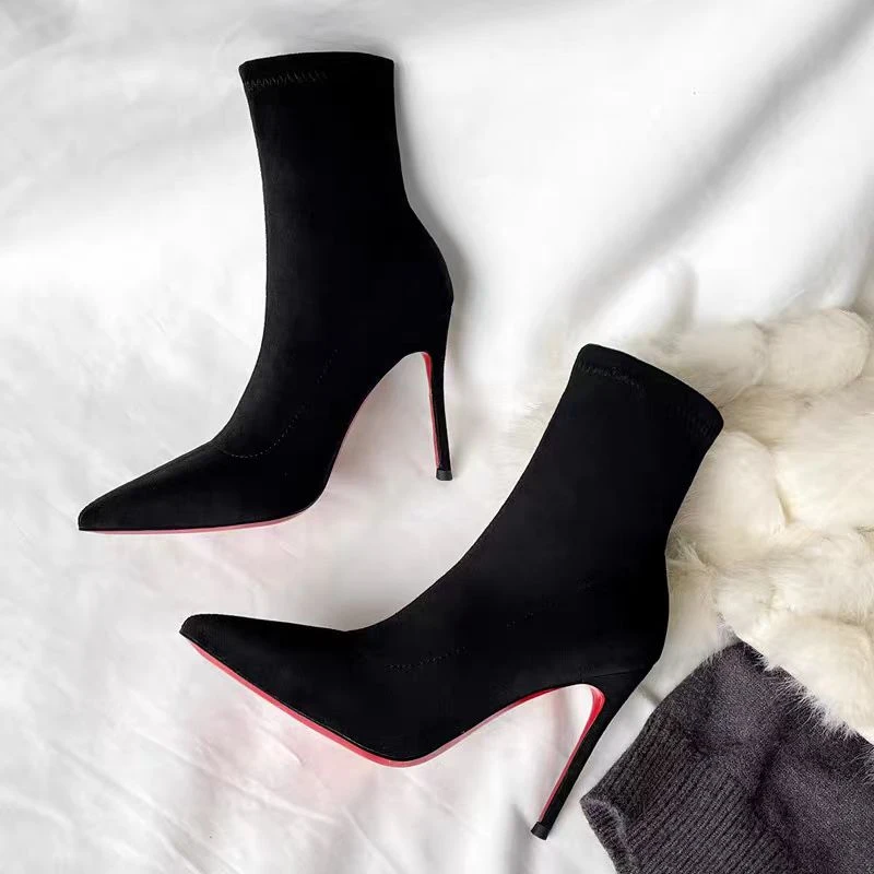 瘦瘦靴女尖头弹力靴女2025新款秋冬网红超火红底短靴高跟细跟单靴