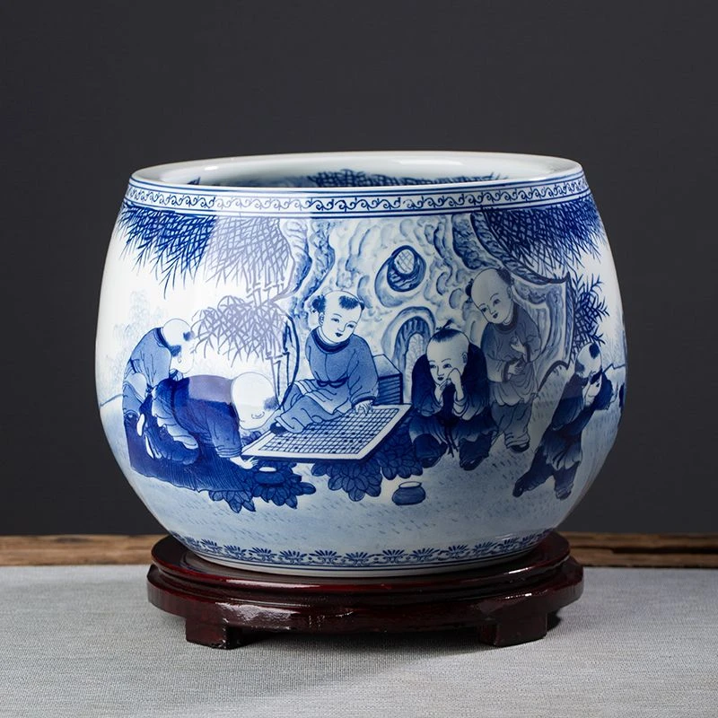 景德镇陶瓷器大师手绘青花瓷聚宝盆玄关书房书画缸装饰摆件送礼品