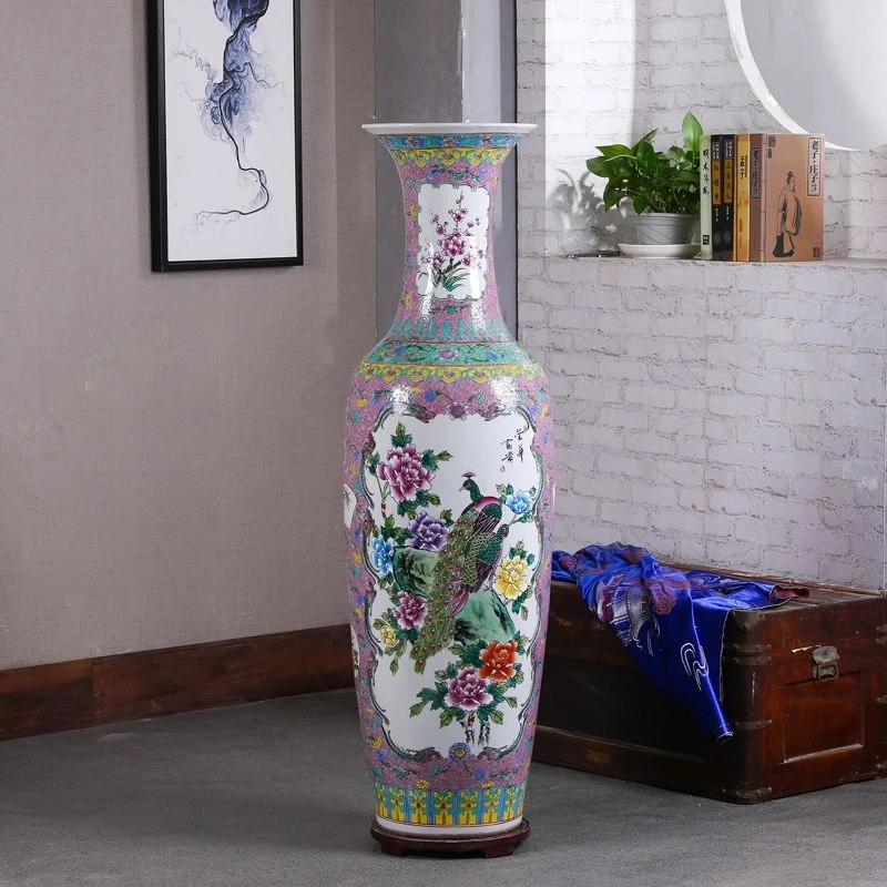 景德镇陶瓷落地大花瓶仿古粉彩手绘花鸟客厅插花酒店开业送礼摆件