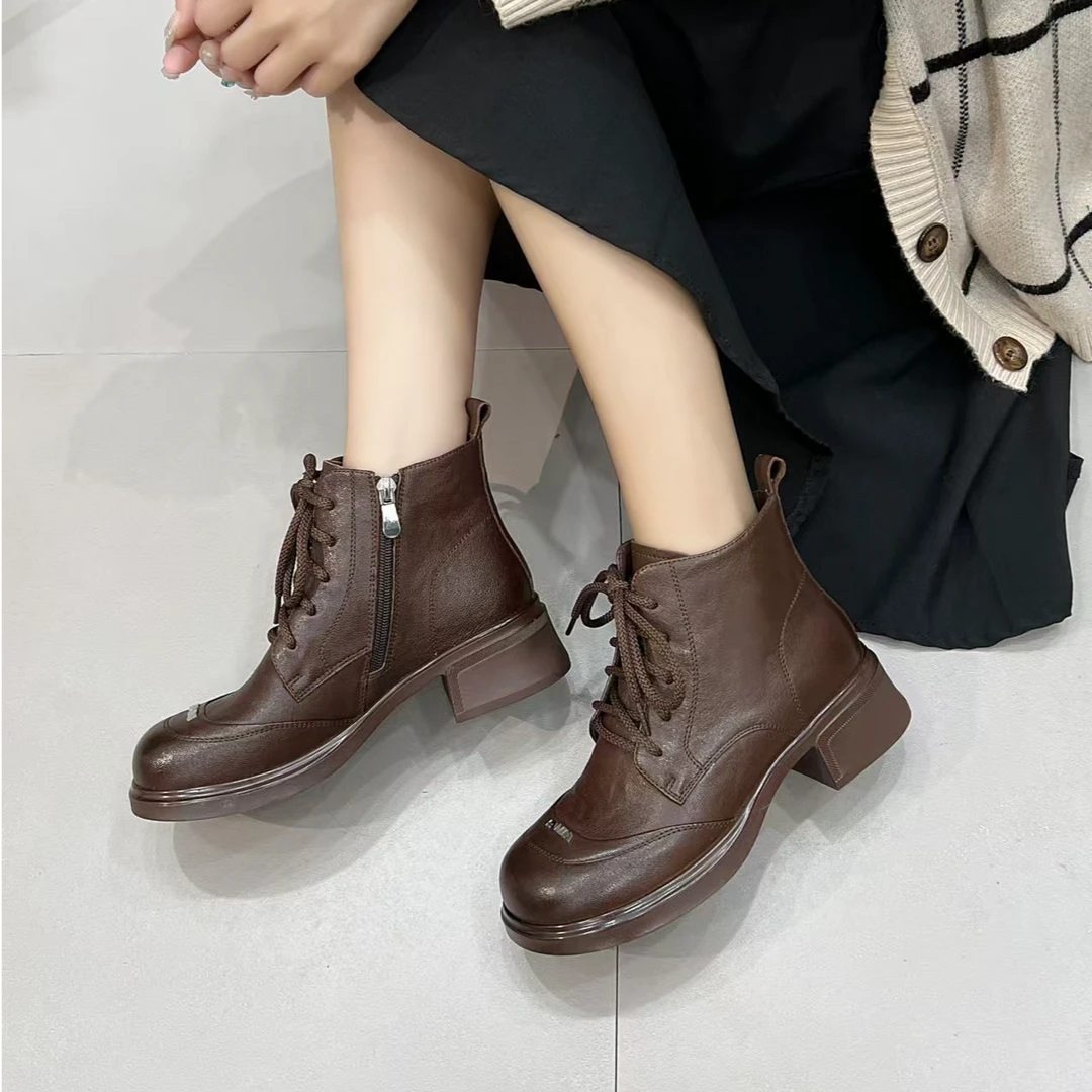 马丁靴女真皮时装靴时尚休闲真皮复古粗跟秋冬圆头短靴加绒英伦风