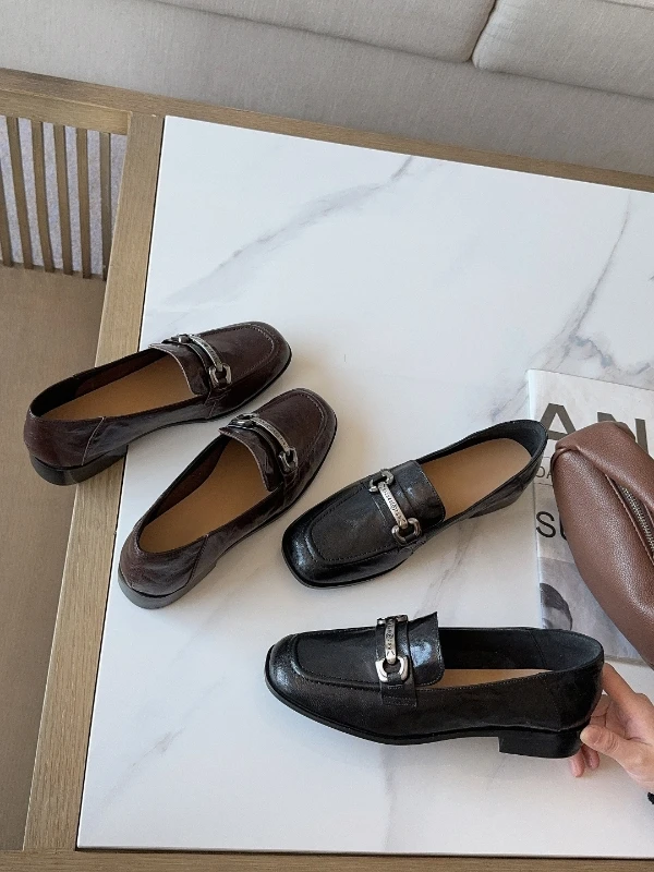 低跟包头牛皮方头春季真皮休闲平软底粗跟百搭时尚韩版乐福女单鞋