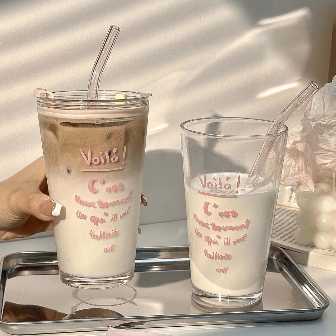 少女ins高颜值法式饮料吸管杯咖啡奶茶冷饮杯夏季女带盖玻璃水杯