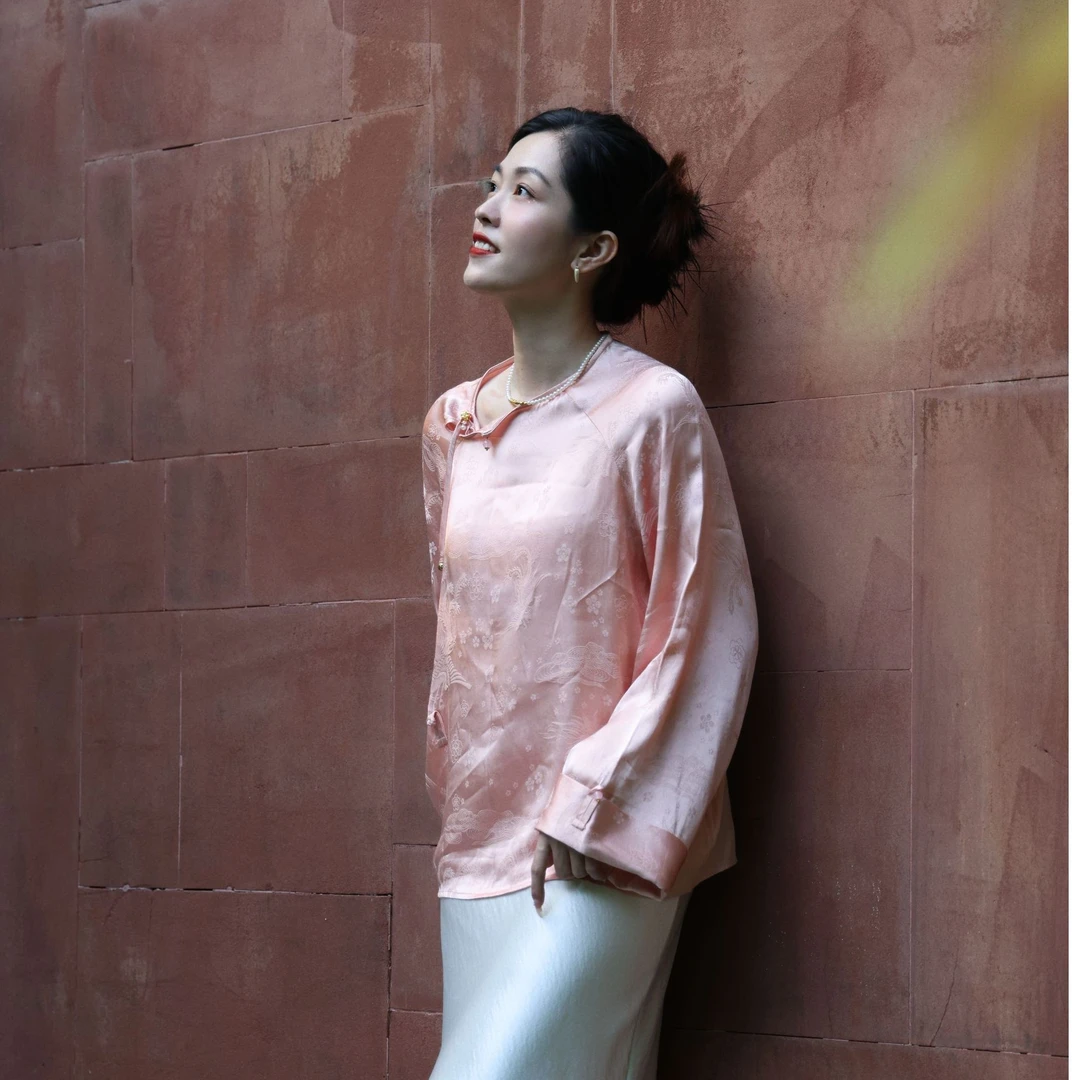 镜花水月--粉色醋酸提花新中式上衣打底单穿质感高级国风气质显瘦