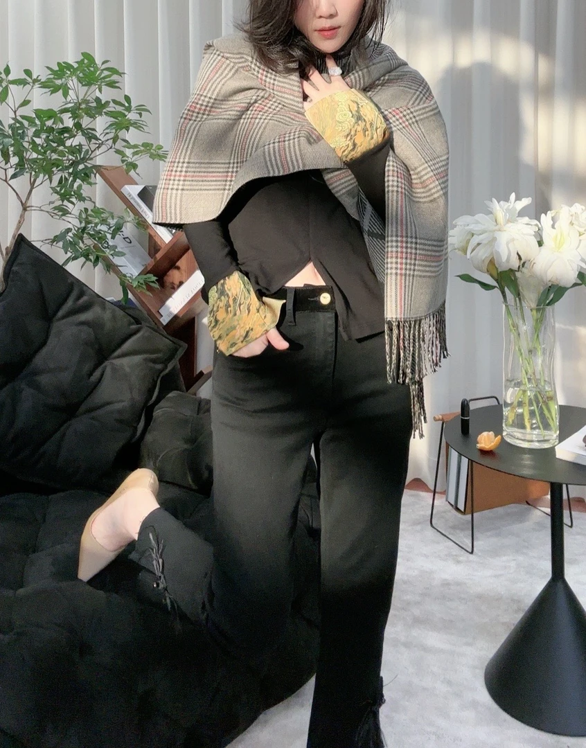 法悦定制●复古腰头拼丝绒九分微弹牛仔裤S5294