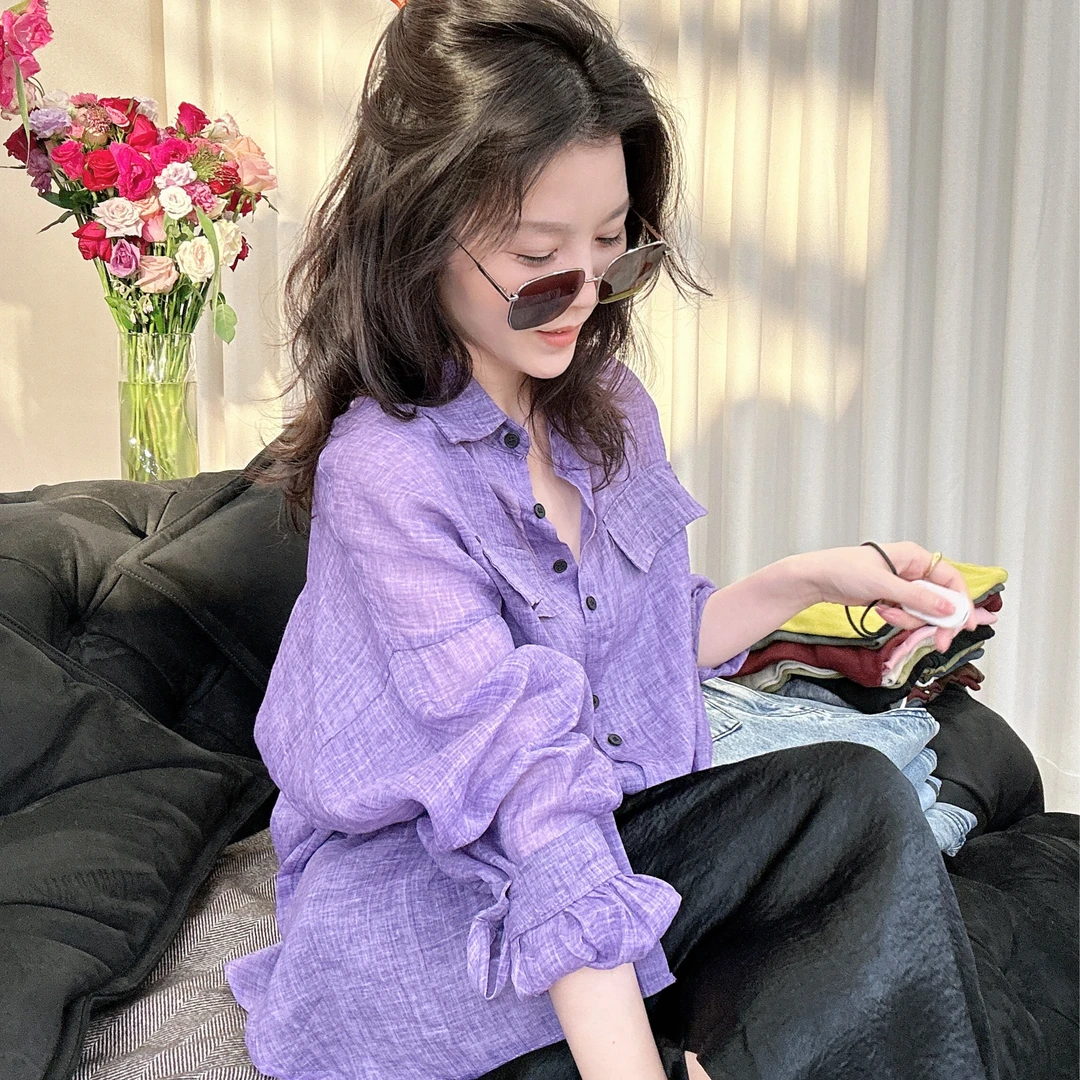 法悦定制●百搭宽松麻料长袖薄衬衣S5021