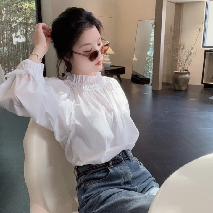 悦悦专属●木耳花边纯色立领白衬衣S073