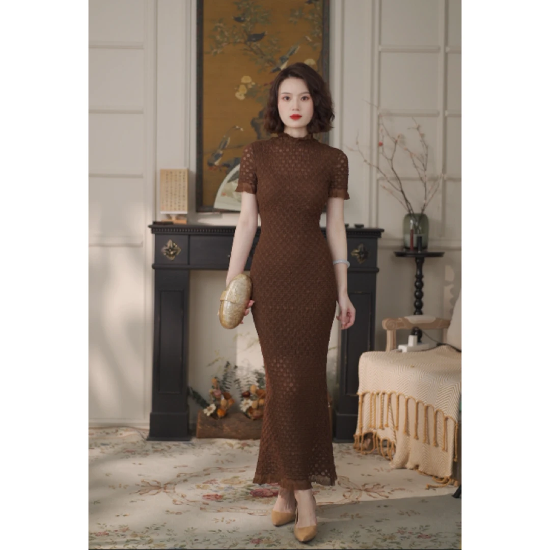 彩彩家【伯爵夫人】夏季半高领复古风修身设计款鱼尾裙女装连衣裙