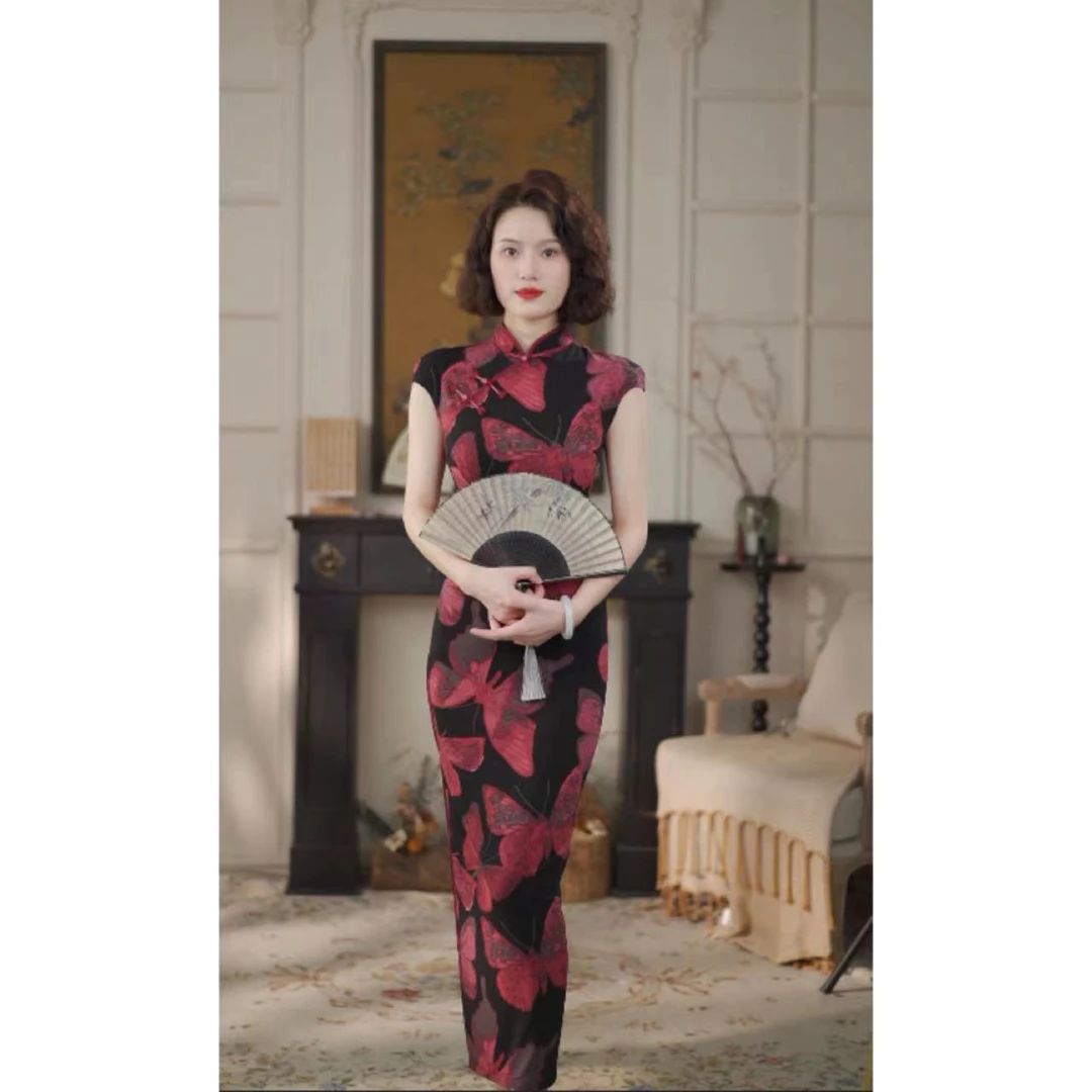 彩彩家【羽化成蝶】夏季气质蝴蝶图案收腰修身复古设计师改良旗袍