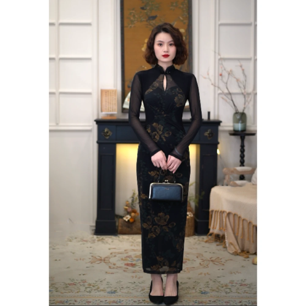 彩彩家【青花盏】后开叉收腰修身复古显瘦气质黑色遮肉设计改良旗袍